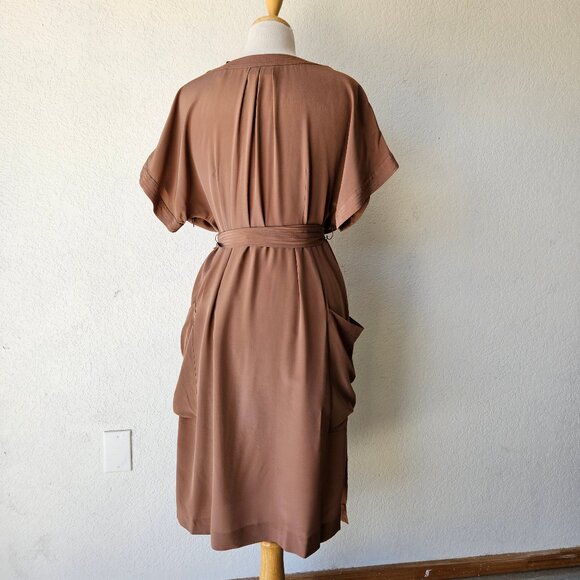 Maeve Anthropologie 100% Silk Warm Brown Faux Mock Wrap Dress Size 14 - Picture 7 of 11